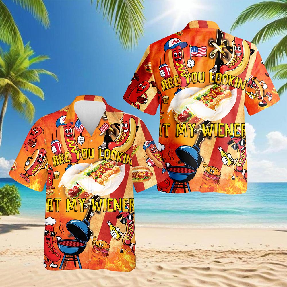 Netecom Are You Looking At My Wiener Hawaiian Shirt for Men, Fresh BBQ Party Button Down Summer Beach Shirts, S-5XL