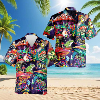 Netecom Art Magic Mushroom Trippy Hippie Hawaiian Shirt for Men, Colorful Fungi Frog Button Down Summer Beach Shirts, S-5XL
