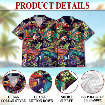 Netecom Art Magic Mushroom Trippy Hippie Hawaiian Shirt for Men, Colorful Fungi Frog Button Down Summer Beach Shirts, S-5XL
