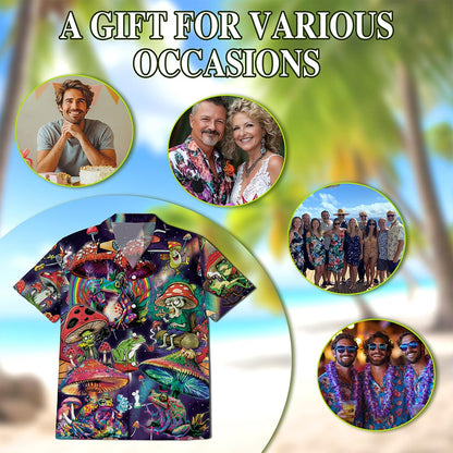Netecom Art Magic Mushroom Trippy Hippie Hawaiian Shirt for Men, Colorful Fungi Frog Button Down Summer Beach Shirts, S-5XL