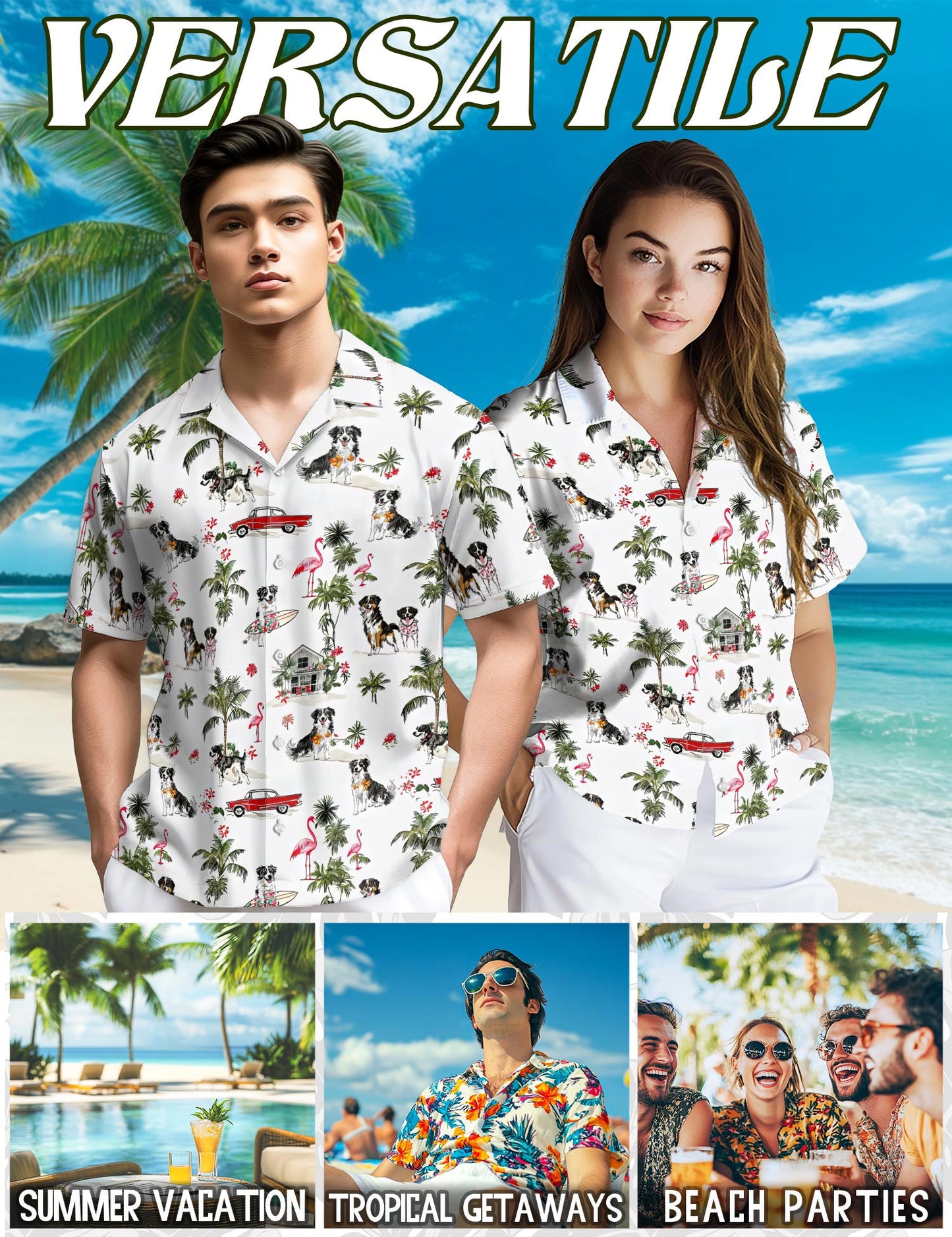 Netecom Australian Shepherd Hawaiian Shirt for Men, Tropical Style, Button Down Summer Beach Short Sleeve, S-5XL