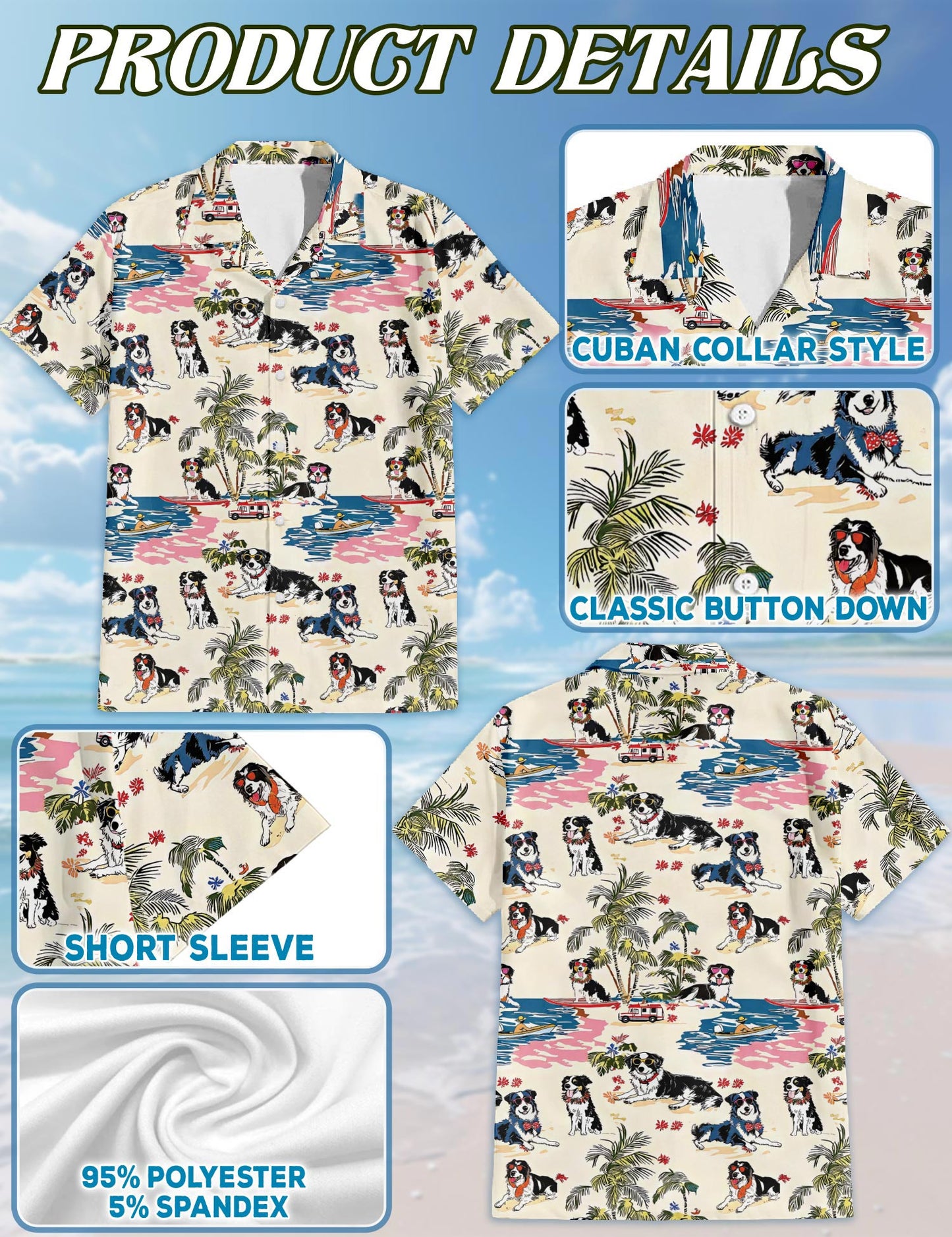 Netecom Australian Shepherd Hawaiian Shirt for Men, Tropical Style, Button Down Summer Beach Short Sleeve, S-5XL