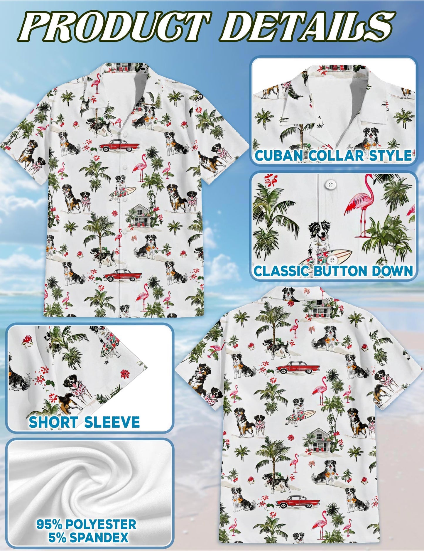 Netecom Australian Shepherd Hawaiian Shirt for Men, Tropical Style, Button Down Summer Beach Short Sleeve, S-5XL