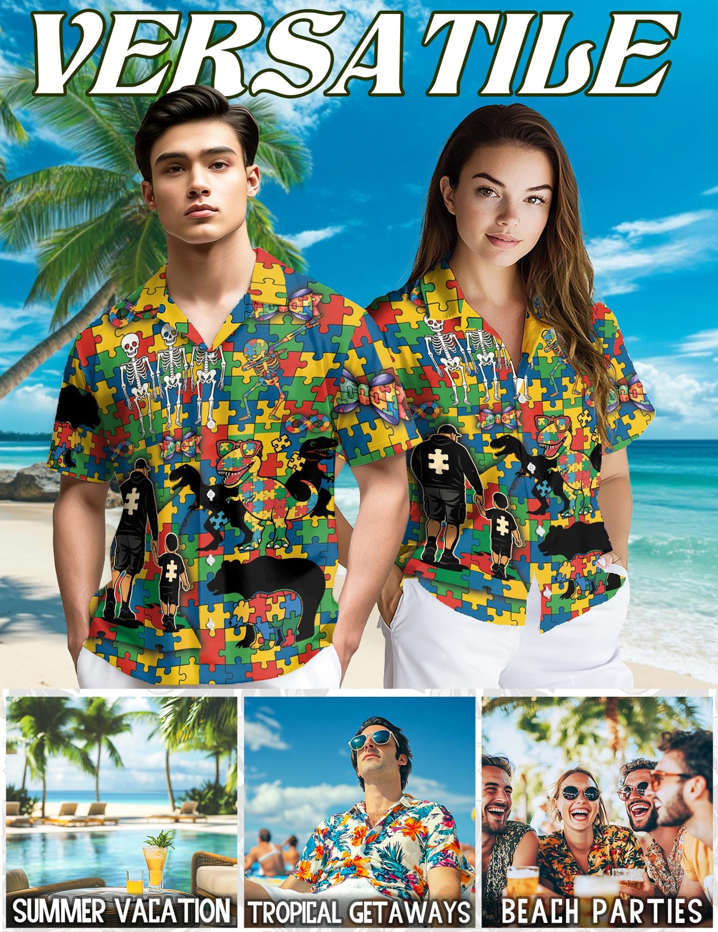 Netecom Autism Awareness Hawaiian Shirt for Men, Puzzle Piece Style, Button Down Summer Beach Short Sleeve, S-5XL