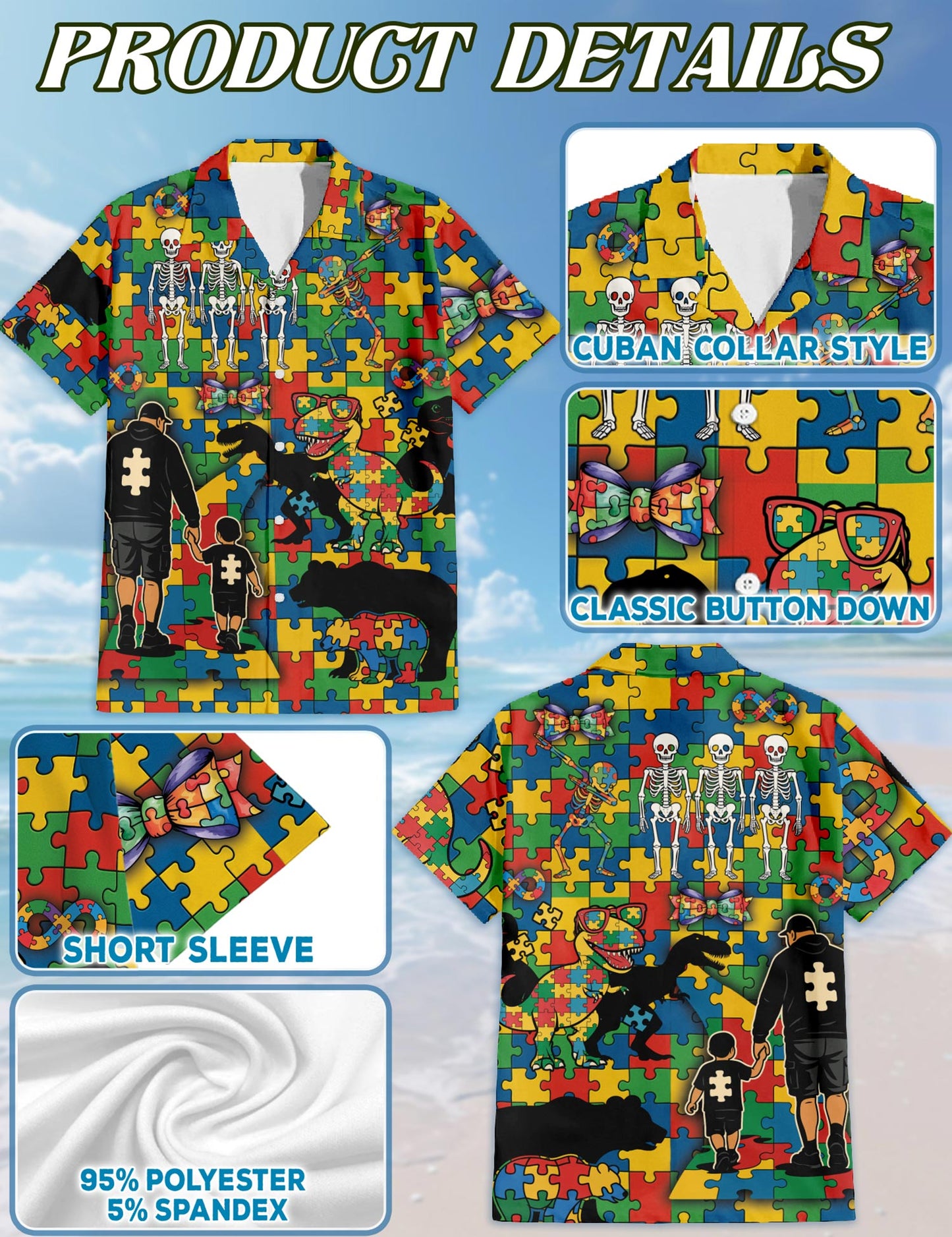 Netecom Autism Awareness Hawaiian Shirt for Men, Puzzle Piece Style, Button Down Summer Beach Short Sleeve, S-5XL