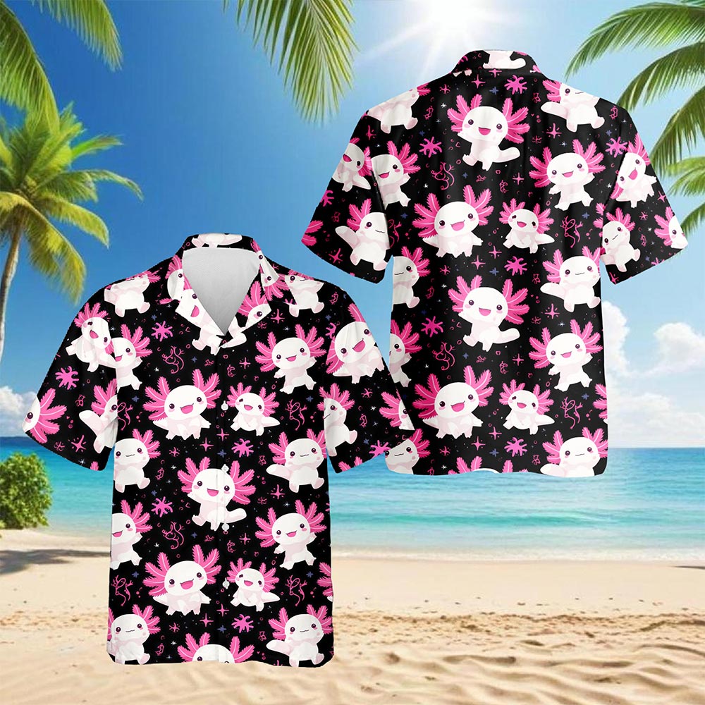 Netecom Axolotl Hawaiian Shirt for Men, Cute Aquatic Style, Tropical Summer Beach Button Down Short Sleeve Shirts, S-5XL
