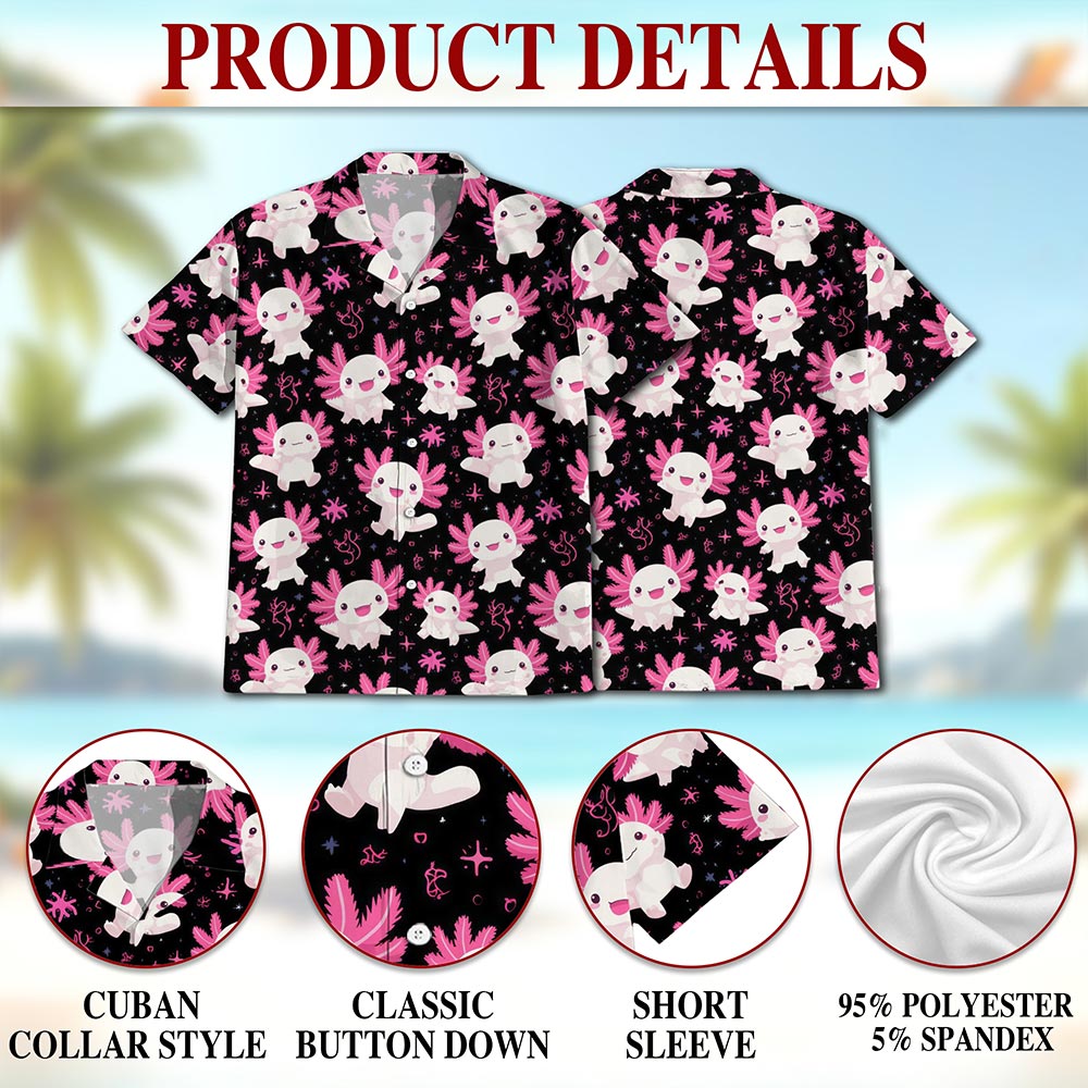Netecom Axolotl Hawaiian Shirt for Men, Cute Aquatic Style, Tropical Summer Beach Button Down Short Sleeve Shirts, S-5XL