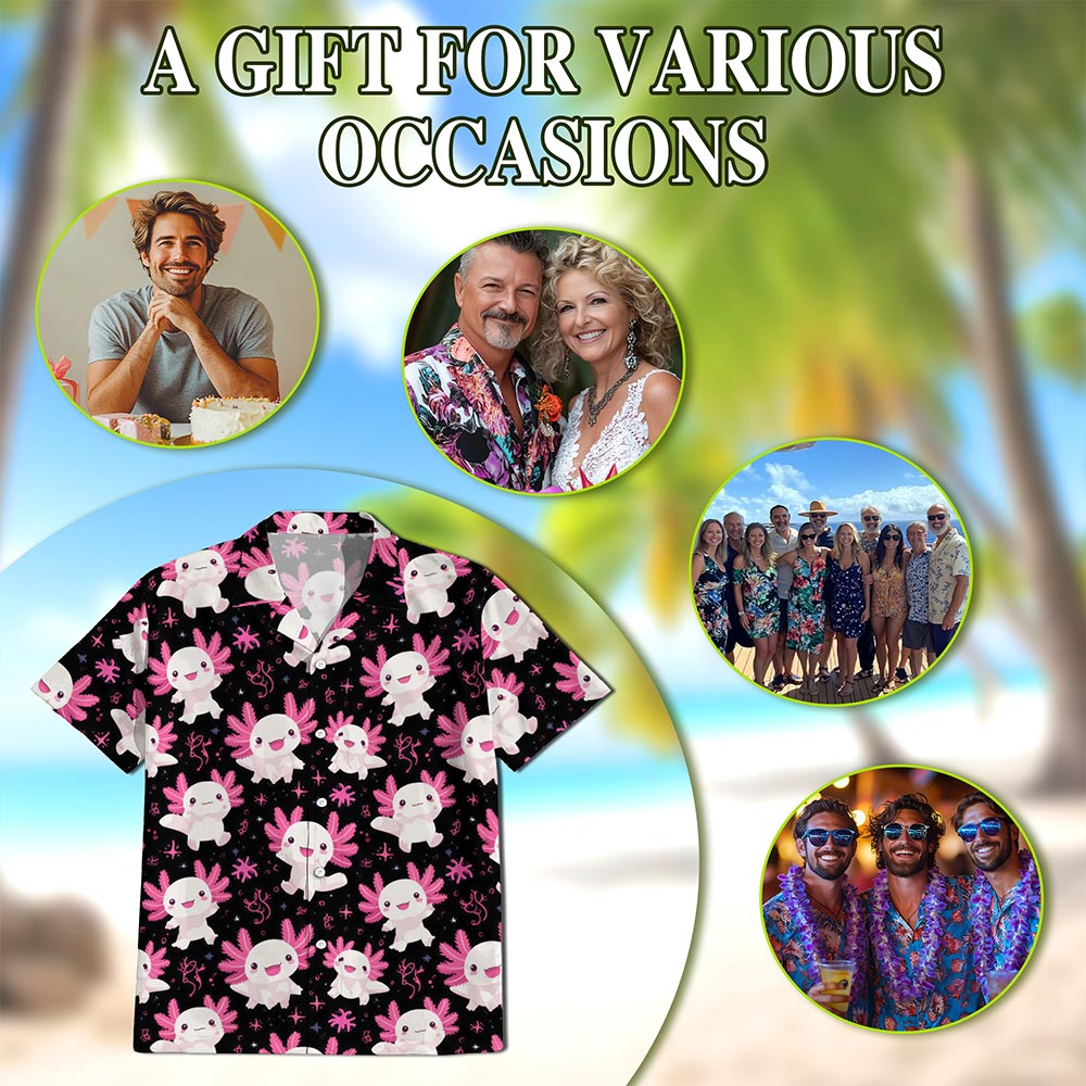 Netecom Axolotl Hawaiian Shirt for Men, Cute Aquatic Style, Tropical Summer Beach Button Down Short Sleeve Shirts, S-5XL