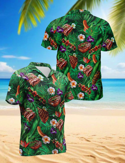Netecom BBQ Lovers Green Floral Hawaiian Shirt for Men, Button Down Summer Beach Short Sleeve, Tropical Style, Sizes S-5XL