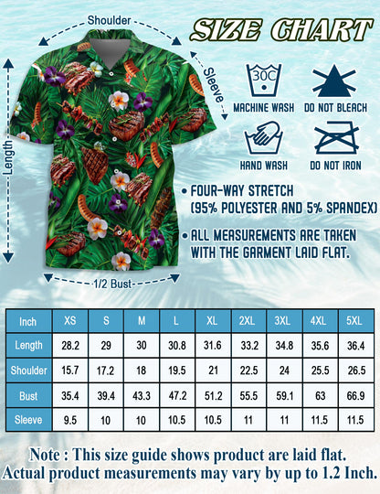 Netecom BBQ Lovers Green Floral Hawaiian Shirt for Men, Button Down Summer Beach Short Sleeve, Tropical Style, Sizes S-5XL