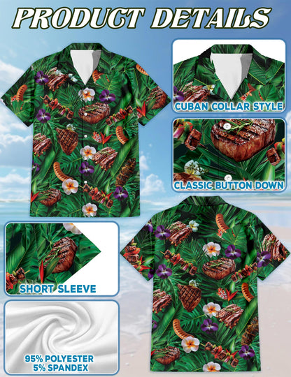 Netecom BBQ Lovers Green Floral Hawaiian Shirt for Men, Button Down Summer Beach Short Sleeve, Tropical Style, Sizes S-5XL
