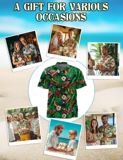 Netecom BBQ Lovers Green Floral Hawaiian Shirt for Men, Button Down Summer Beach Short Sleeve, Tropical Style, Sizes S-5XL