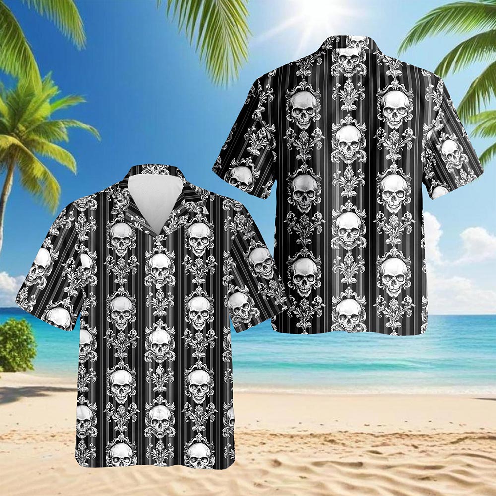 Netecom B&W Skull Pattern Hawaiian Shirt for Men, Button Down Summer Beach Short Sleeve, Horror Style, S-5XL