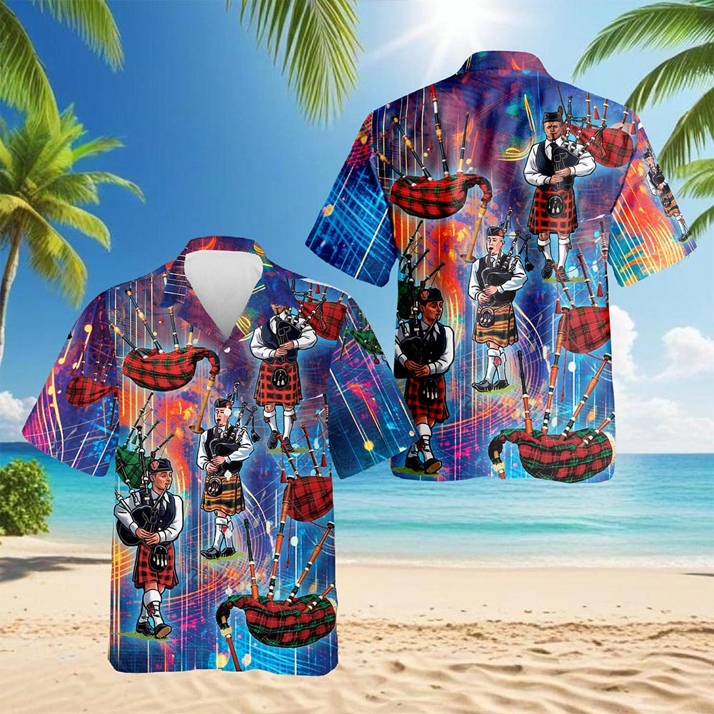 Netecom Bagpipes Player Hawaiian Shirt for Men, Button Down Summer Beach Short Sleeve, S-5XL
