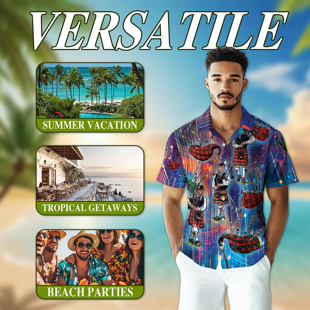 Netecom Bagpipes Player Hawaiian Shirt for Men, Button Down Summer Beach Short Sleeve, S-5XL