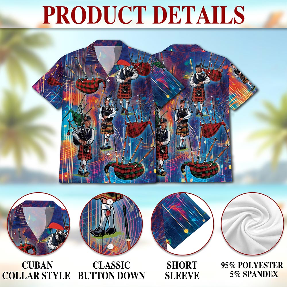 Netecom Bagpipes Player Hawaiian Shirt for Men, Button Down Summer Beach Short Sleeve, S-5XL