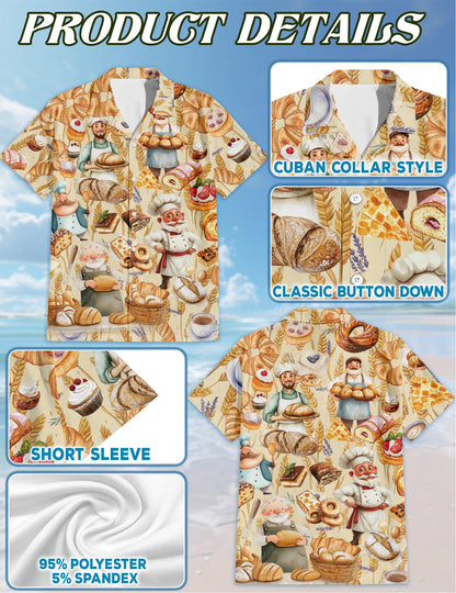 Netecom Bakery Hawaiian Shirt for Men, Vintage Style, Button Down Summer Beach Short Sleeve, S-5XL