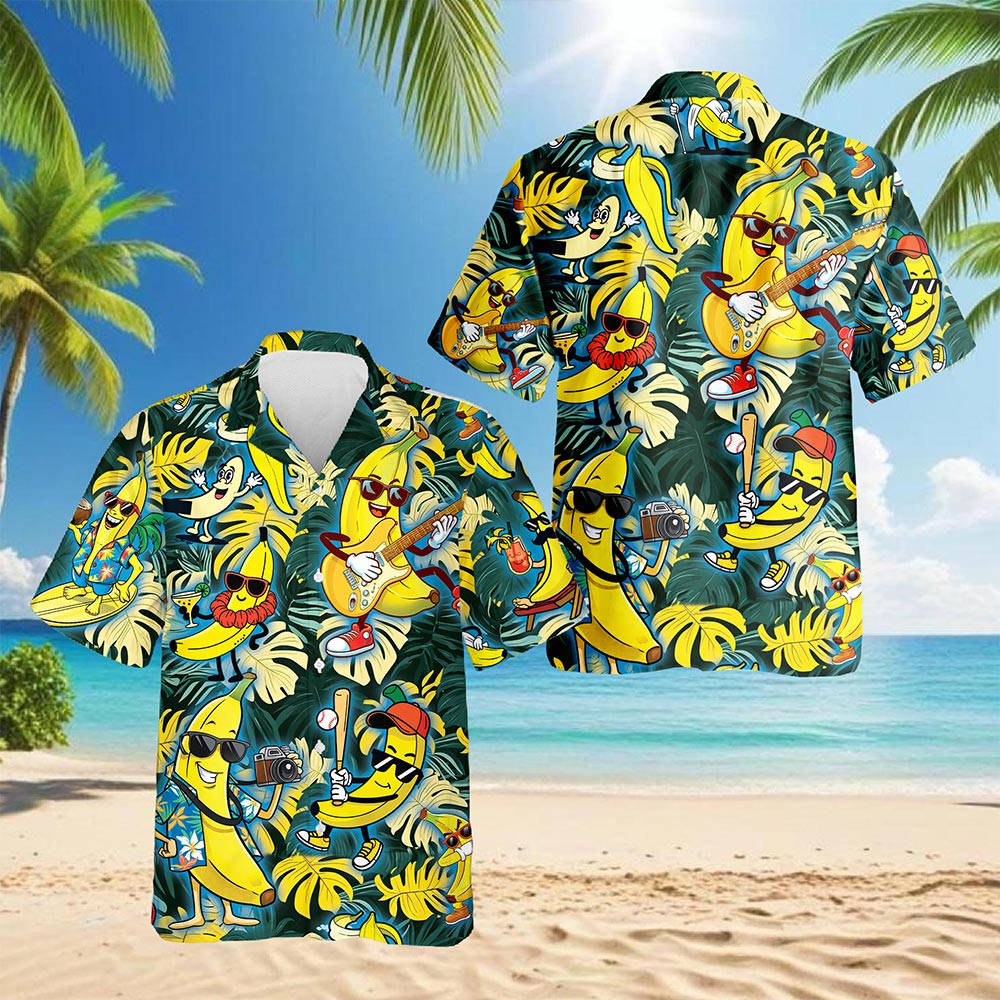 Netecom Banana Plays The Guitar Hawaiian Shirt for Men, Tropical Style, Button Down Summer Beach Short Sleeve, S-5XL