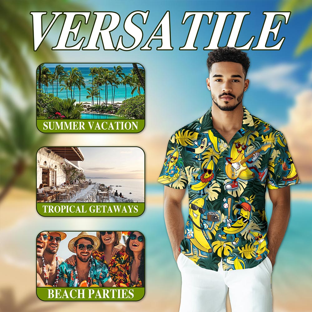 Netecom Banana Plays The Guitar Hawaiian Shirt for Men, Tropical Style, Button Down Summer Beach Short Sleeve, S-5XL