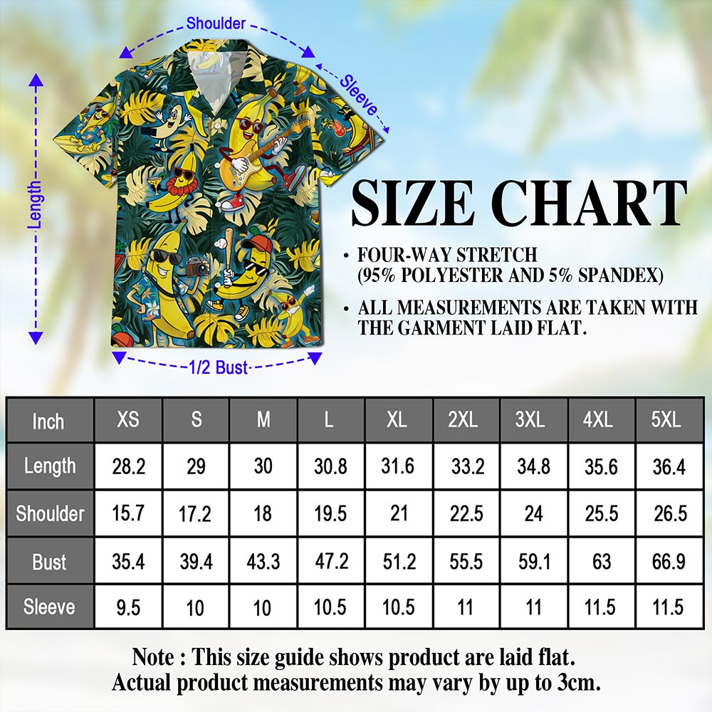 Netecom Banana Plays The Guitar Hawaiian Shirt for Men, Tropical Style, Button Down Summer Beach Short Sleeve, S-5XL