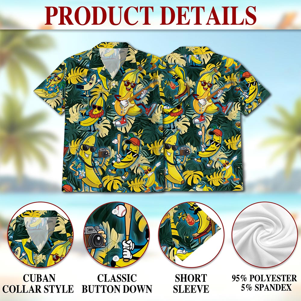 Netecom Banana Plays The Guitar Hawaiian Shirt for Men, Tropical Style, Button Down Summer Beach Short Sleeve, S-5XL