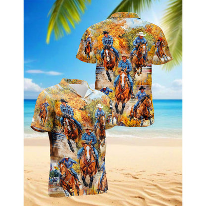 Netecom Barrel Racing Hawaiian Shirt for Men, Button Down Summer Beach Short Sleeve, Western Style, Sizes S-5XL