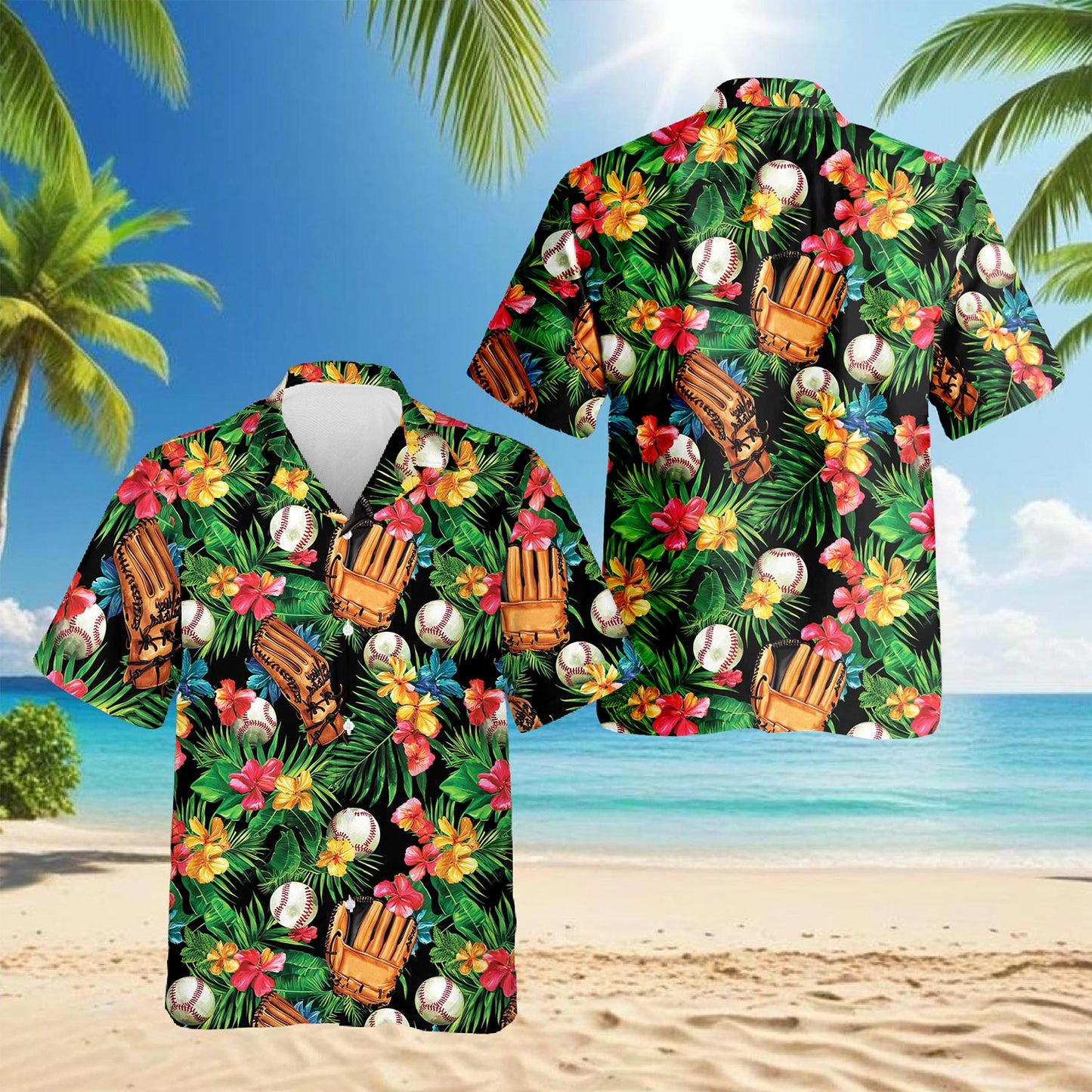 Netecom Baseball Art Tropical Hawaiian Shirt for Men, Button Down Summer Beach Short Sleeve, Tropical Style, S-5XL