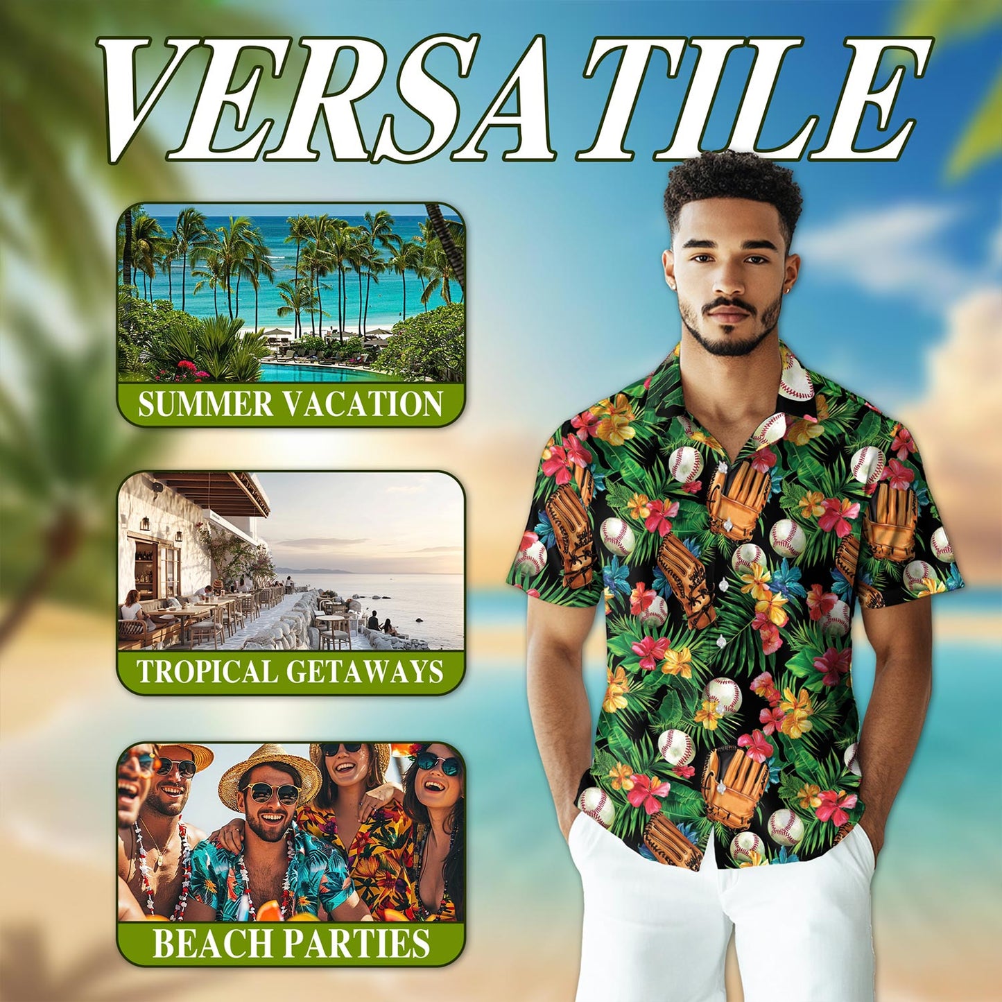 Netecom Baseball Art Tropical Hawaiian Shirt for Men, Button Down Summer Beach Short Sleeve, Tropical Style, S-5XL