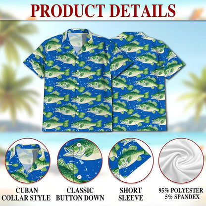 Netecom Bass Fish Pattern Hawaiian Shirt for Men, Vintage Style, Button Down Summer Beach Short Sleeve, S-5XL
