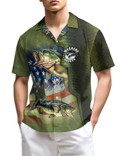 Netecom Bass Fishing Us Flag Hawaiian Shirt for Men