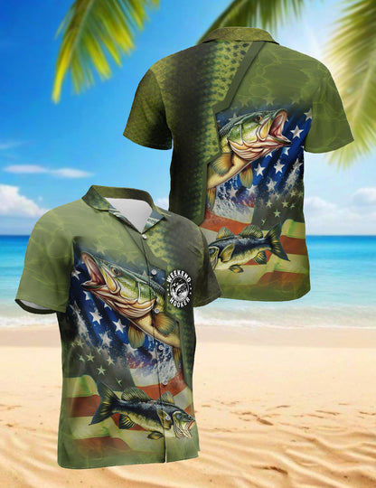 Netecom Bass Fishing Us Flag Hawaiian Shirt for Men, Button Down Summer Beach Short Sleeve, S-5XL