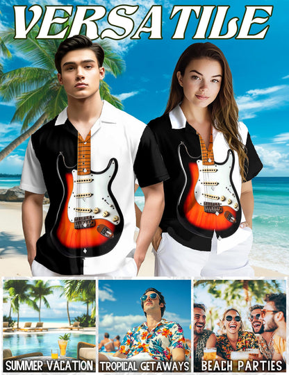 Netecom Bass Guitar Black & White Hawaiian Shirt for Men, Vintage Style, Button Down Summer Beach Short Sleeve, S-5XL