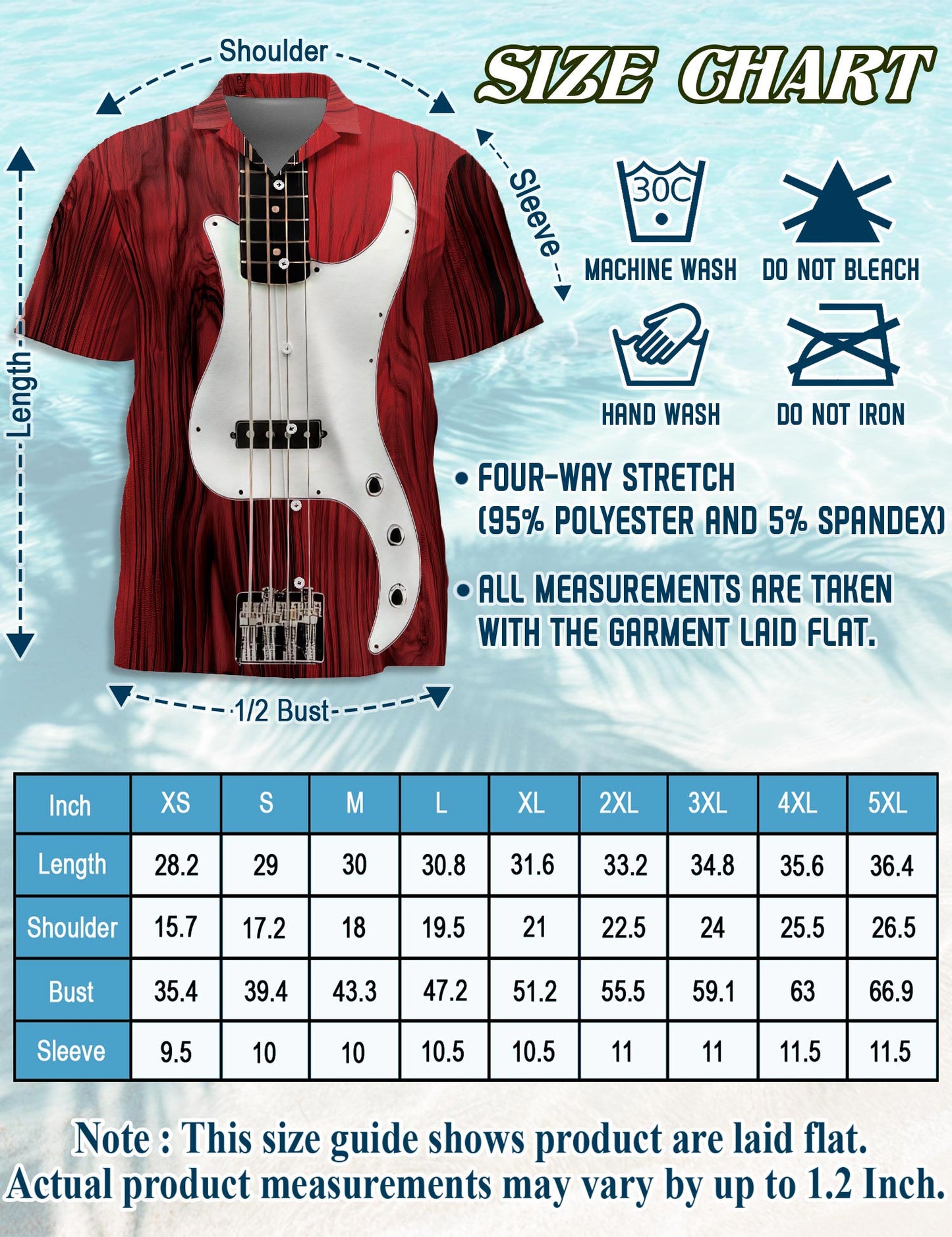 Netecom Bass Guitar Hawaiian Shirt for Men, Button Down Summer Beach Short Sleeve, Vintage Style, Sizes S-5XL