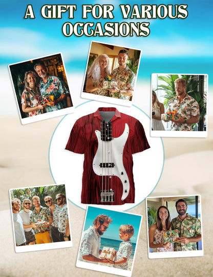 Netecom Bass Guitar Hawaiian Shirt for Men, Button Down Summer Beach Short Sleeve, Vintage Style, Sizes S-5XL