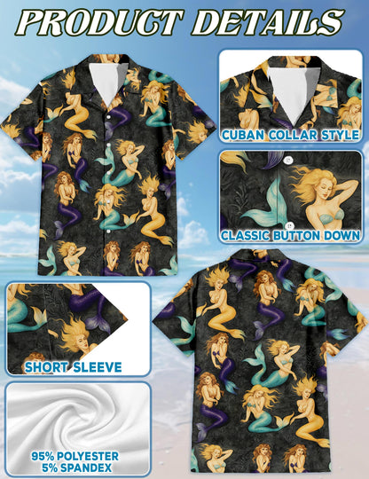 Netecom Beautiful Mermaid Hawaiian Shirt for Men, Fantasy Style, Button Down Summer Beach Short Sleeve, S-5XL