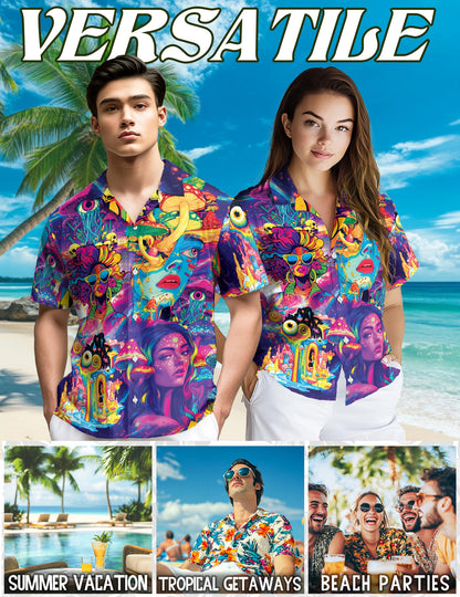 Netecom Beauty Hippie Mushroom Hawaiian Shirt for Men, Retro Style, Button Down Summer Beach Short Sleeve, S-5XL