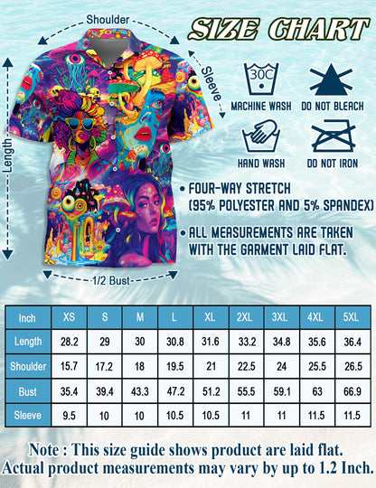 Netecom Beauty Hippie Mushroom Hawaiian Shirt for Men, Retro Style, Button Down Summer Beach Short Sleeve, S-5XL