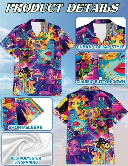 Netecom Beauty Hippie Mushroom Hawaiian Shirt for Men, Retro Style, Button Down Summer Beach Short Sleeve, S-5XL