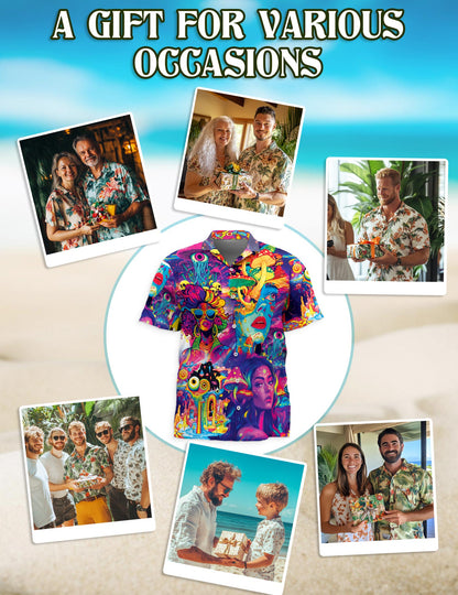Netecom Beauty Hippie Mushroom Hawaiian Shirt for Men, Retro Style, Button Down Summer Beach Short Sleeve, S-5XL