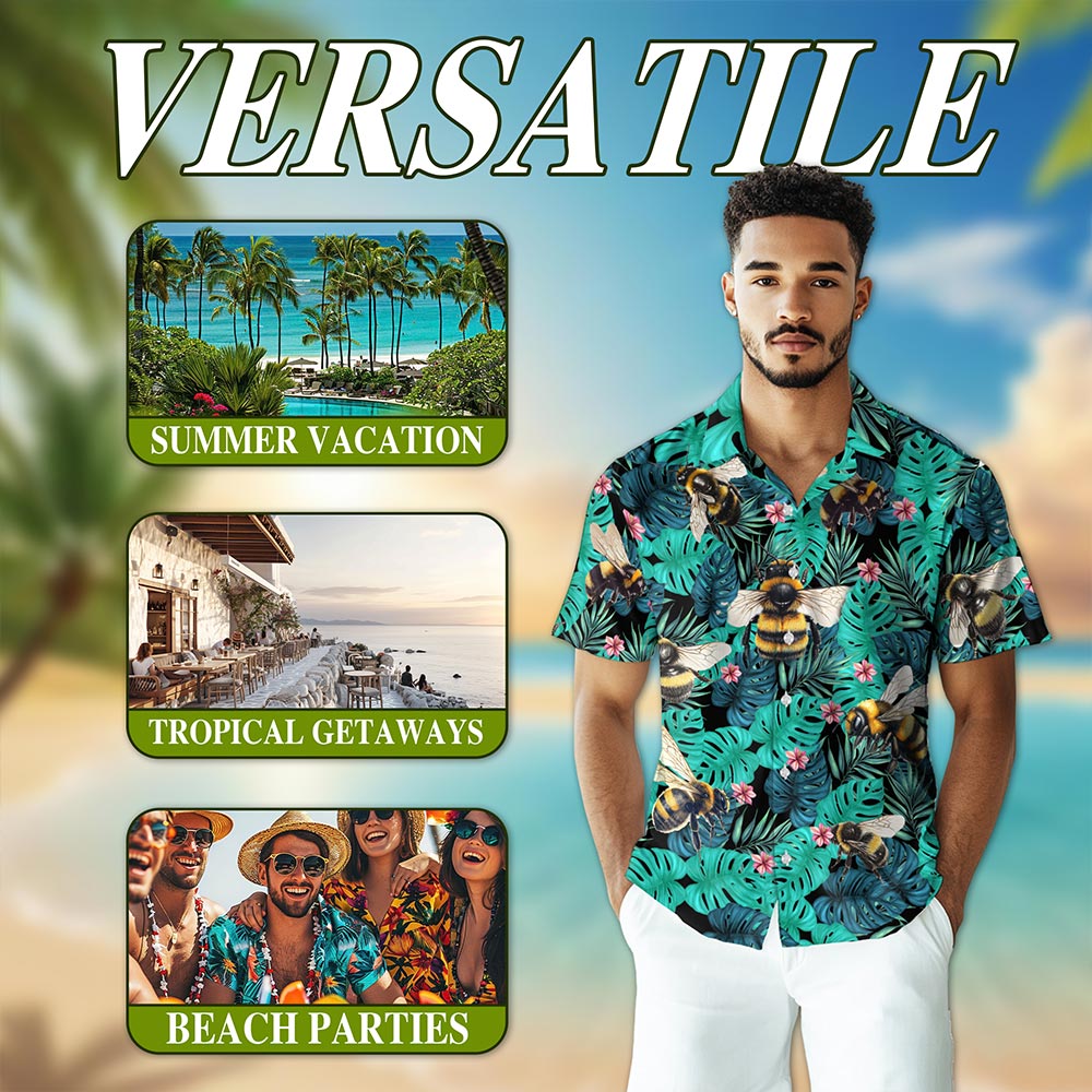 Netecom Bee Hawaiian Shirt for Men, Tropical Style, Button Down Summer Beach Short Sleeve, S-5XL