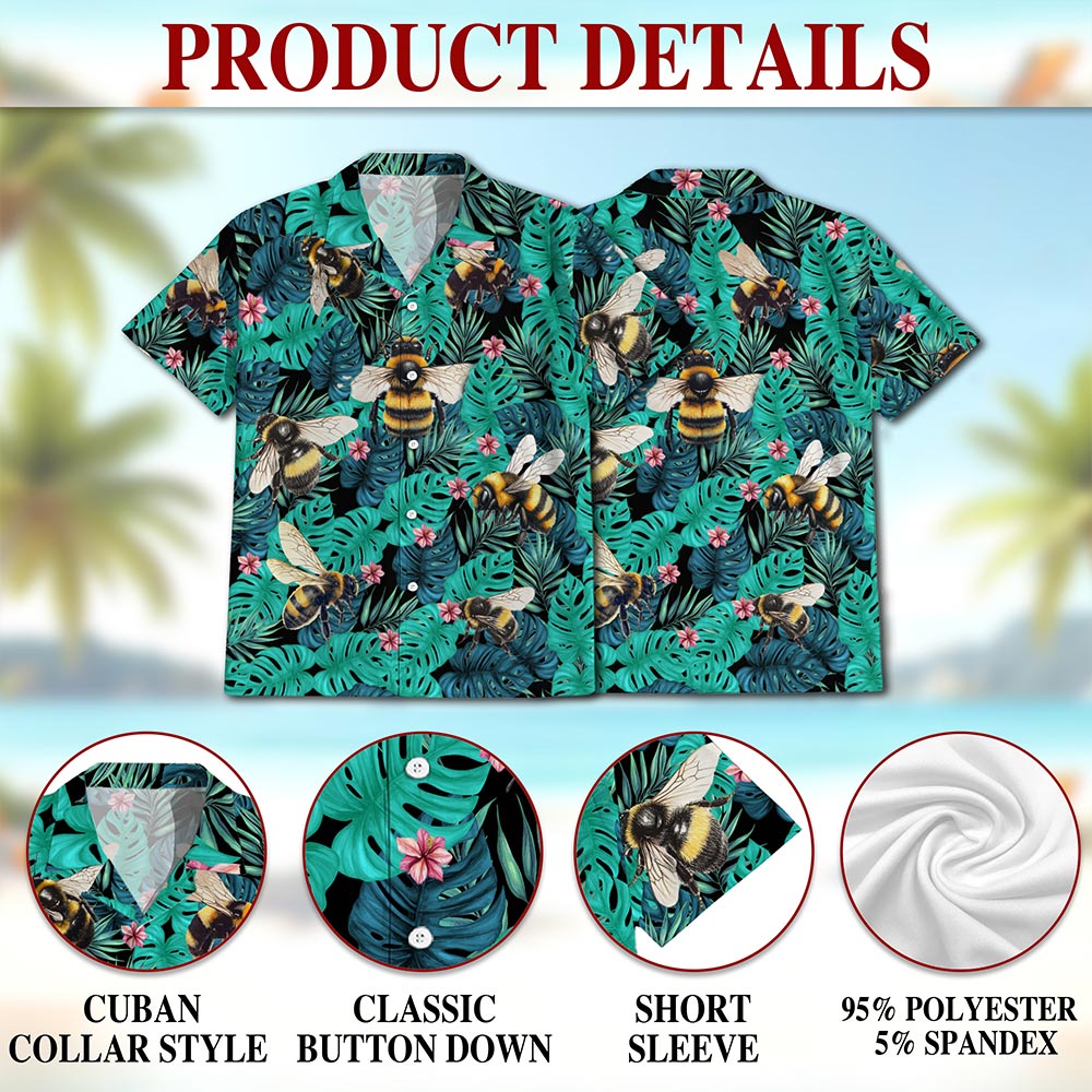 Netecom Bee Hawaiian Shirt for Men, Tropical Style, Button Down Summer Beach Short Sleeve, S-5XL