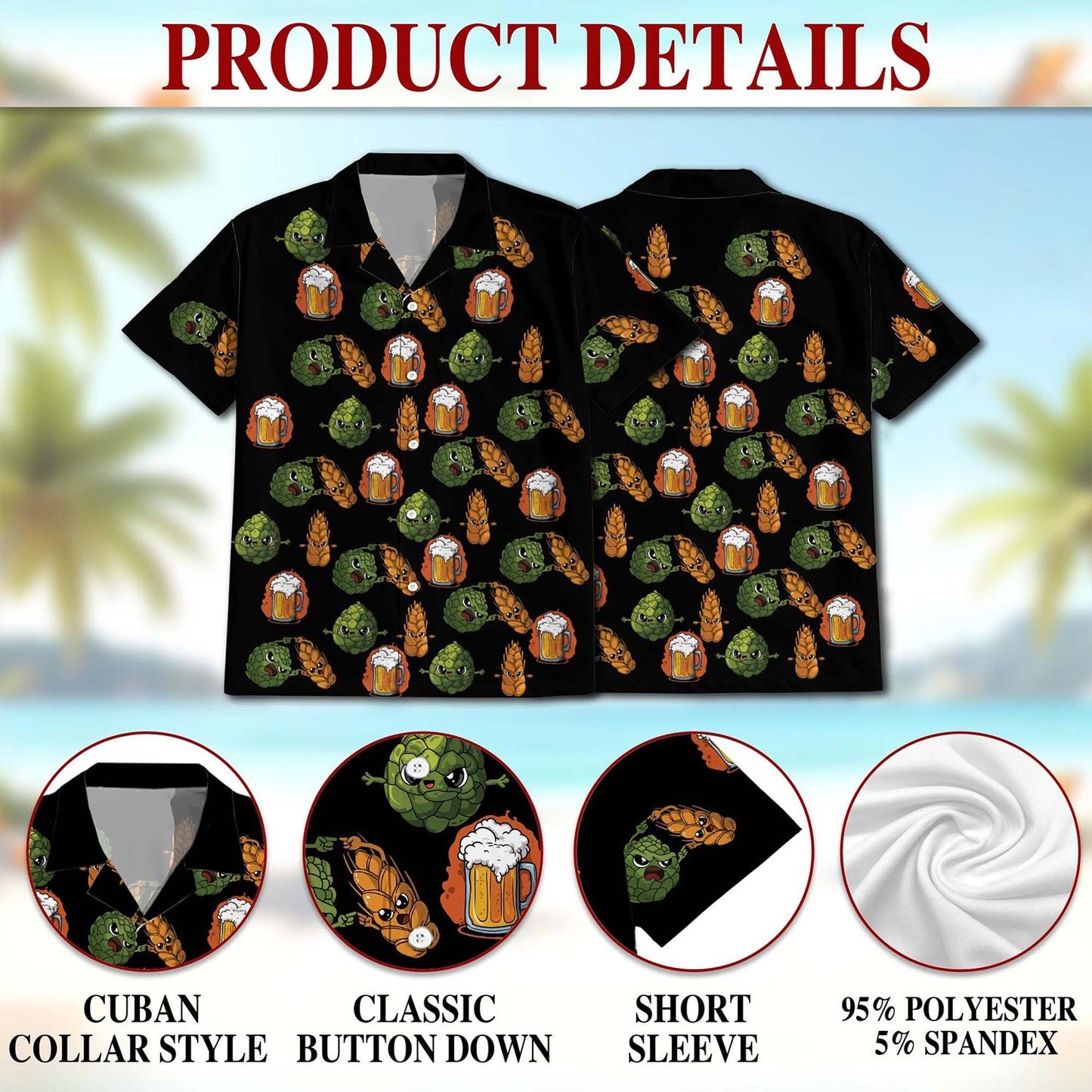 Netecom Beer Hops and Barley Hawaiian Shirt for Men, Button Down Summer Beach Short Sleeve, S-5XL