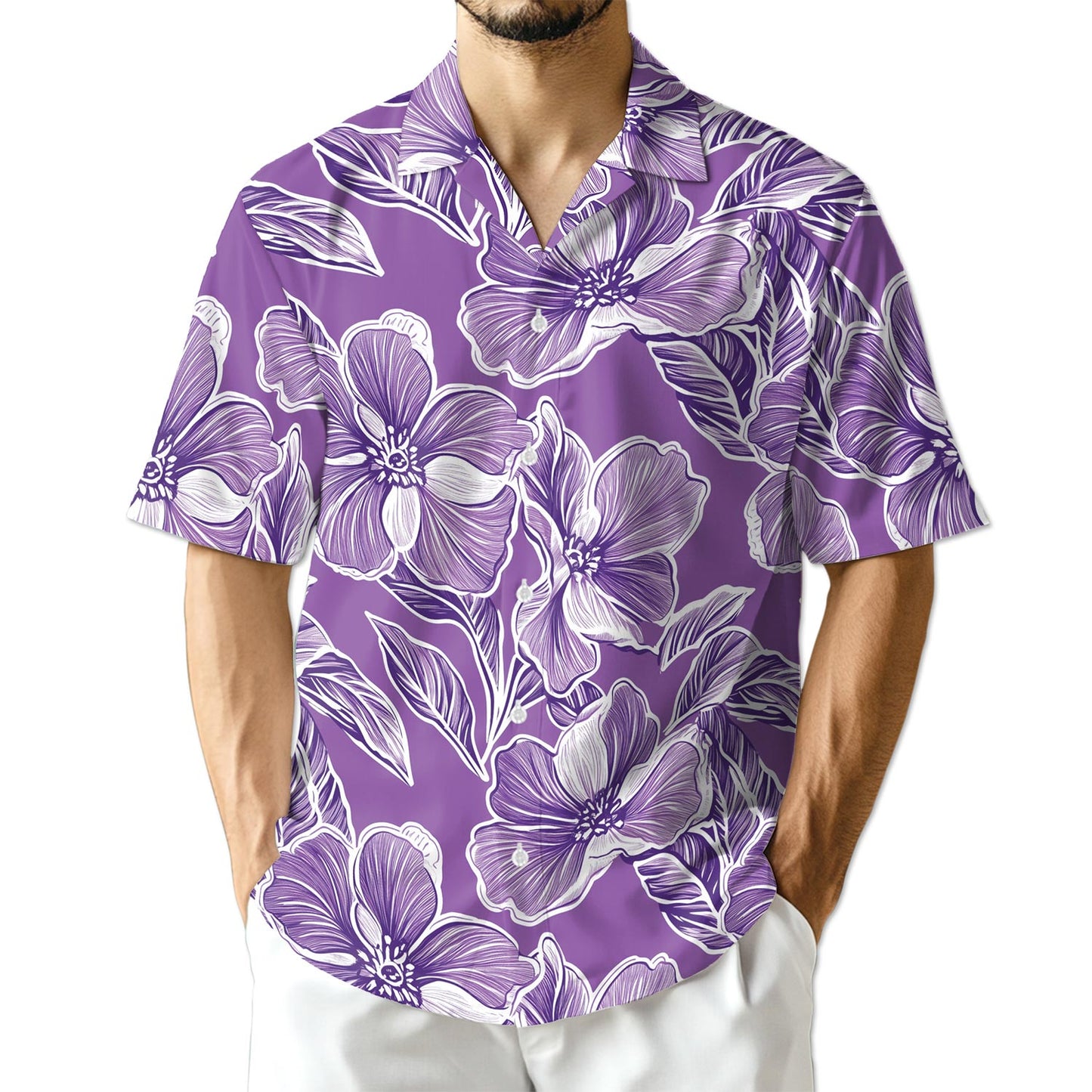 Netecom Big Hibiscus Purple Hawaiian Shirt for Men