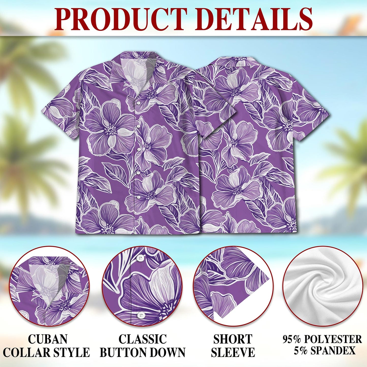 Netecom Big Hibiscus Purple Hawaiian Shirt for Men, Button Down Summer Beach Short Sleeve, Floral Style, S-5XL