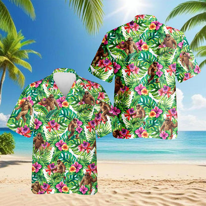 Netecom Bigfoot Hawaiian Shirt for Men, Button Down Summer Beach Short Sleeve, Tropical Style, Sizes S-5XL