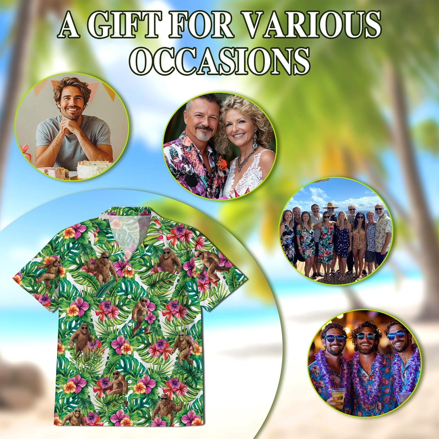 Netecom Bigfoot Hawaiian Shirt for Men, Button Down Summer Beach Short Sleeve, Tropical Style, Sizes S-5XL