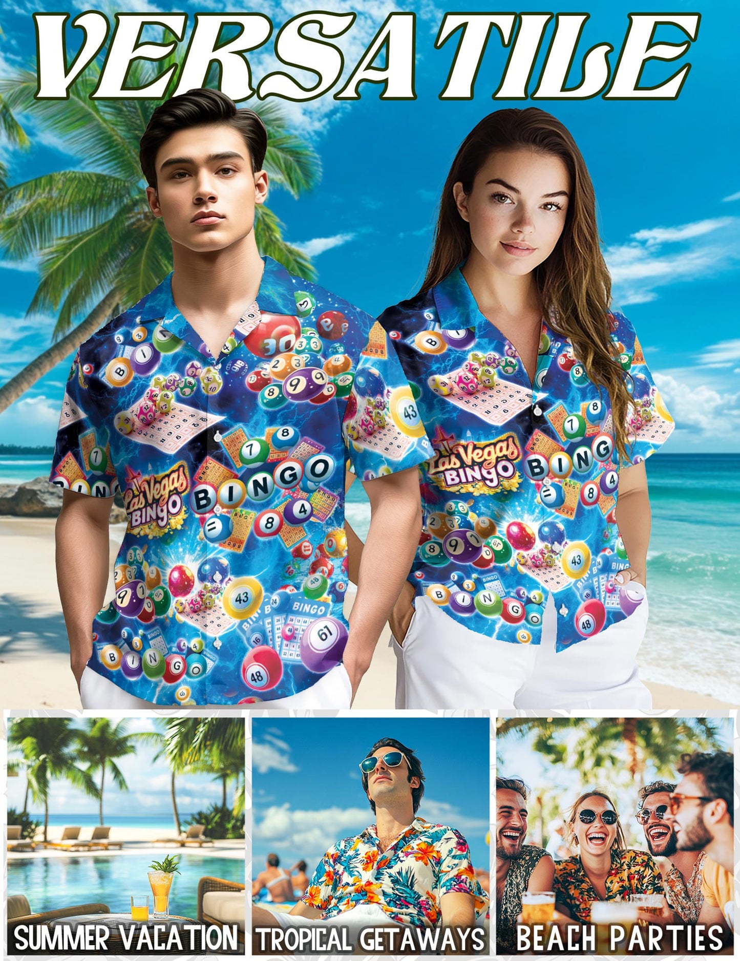 Netecom Bingo Hawaiian Shirt for Men, Button Down Summer Beach Short Sleeve, S-5XL