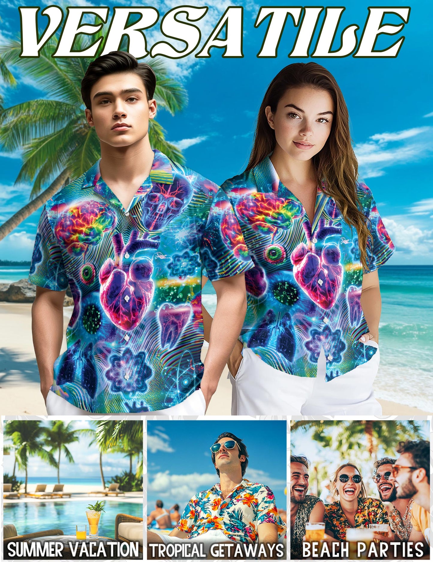 Netecom Biology and Chemistry Hawaiian Shirt for Men, Neon Style, Button Down Summer Beach Short Sleeve, S-5XL