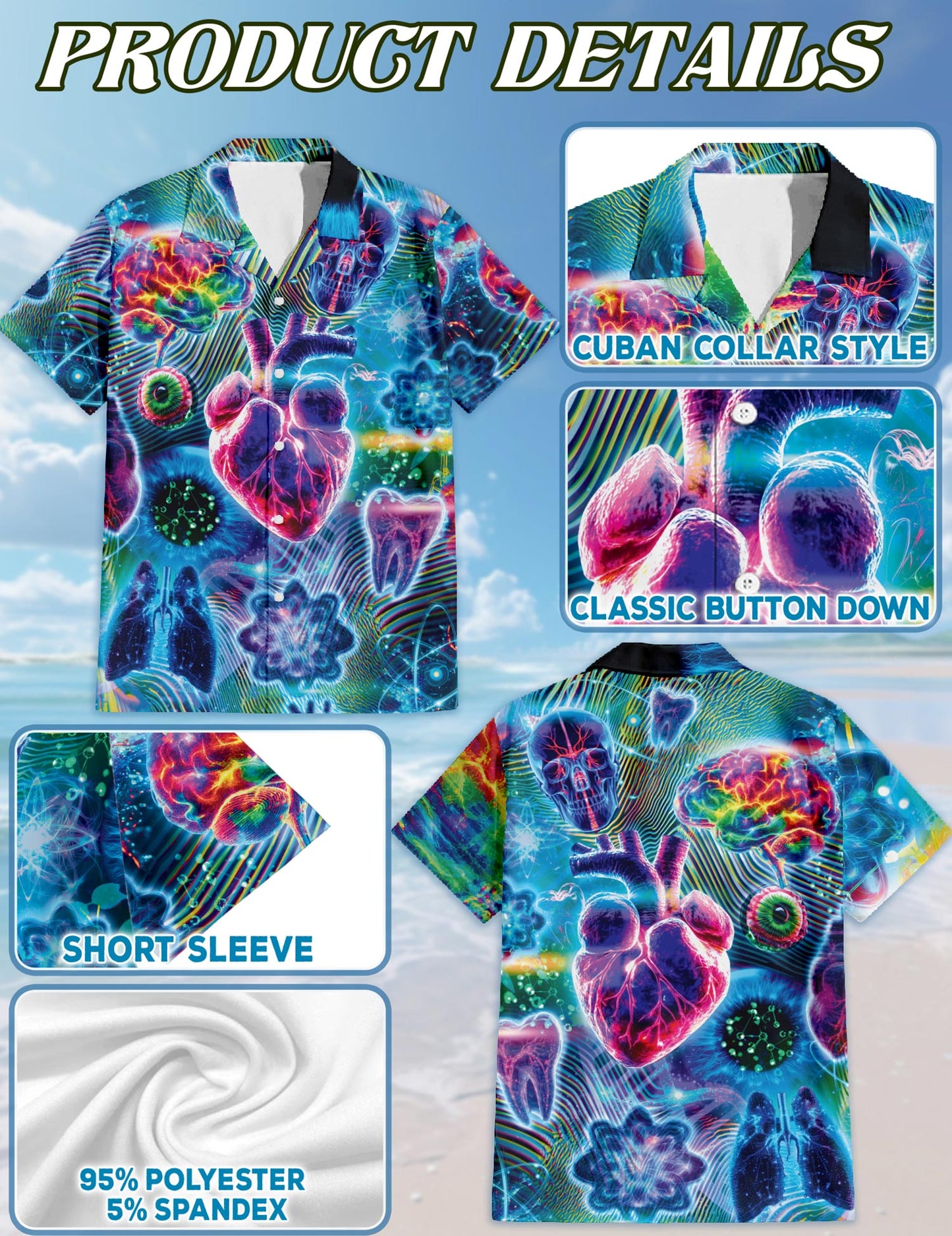 Netecom Biology and Chemistry Hawaiian Shirt for Men, Neon Style, Button Down Summer Beach Short Sleeve, S-5XL