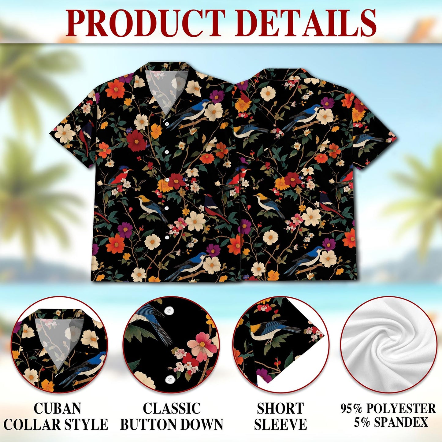 Netecom Bird Flower Hawaiian Shirt for Men, Button Down Summer Beach Short Sleeve, Tropical Style, S-5XL